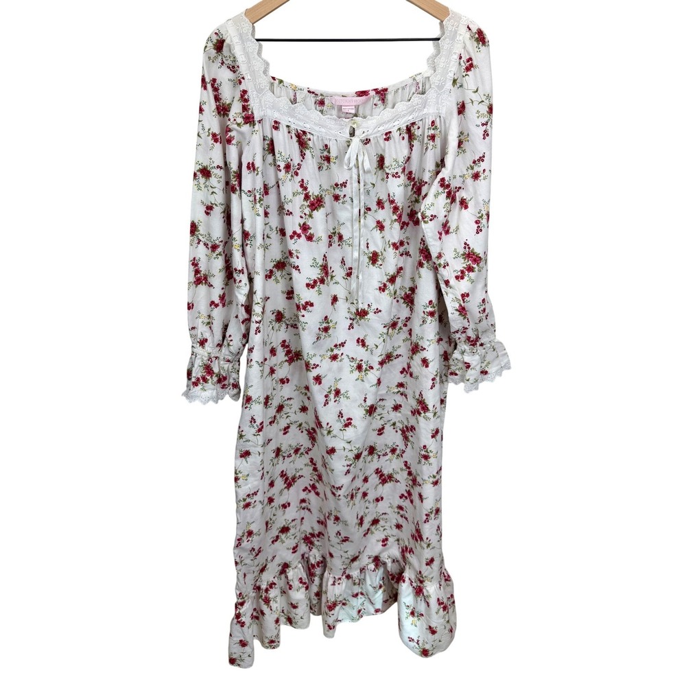 VTG 90s Victorias Secret Womens Size L Flannel Nightgown Floral Lace Cottagecore